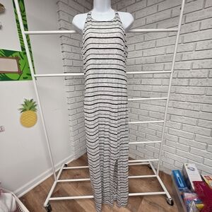 Athleta Striped Maxi Dress Gray Black Halter T Back Slit Size M
